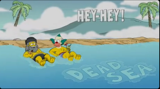 Krusty dreams of floating in the Dead Sea with his late father